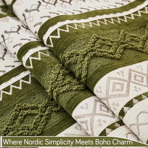 Image of HOKIPO Nordic Boho Geometric Sofa Backrest Cover with Tassel 'NordicTassel Series', Olive Meadow (AR-6551-GRN)
