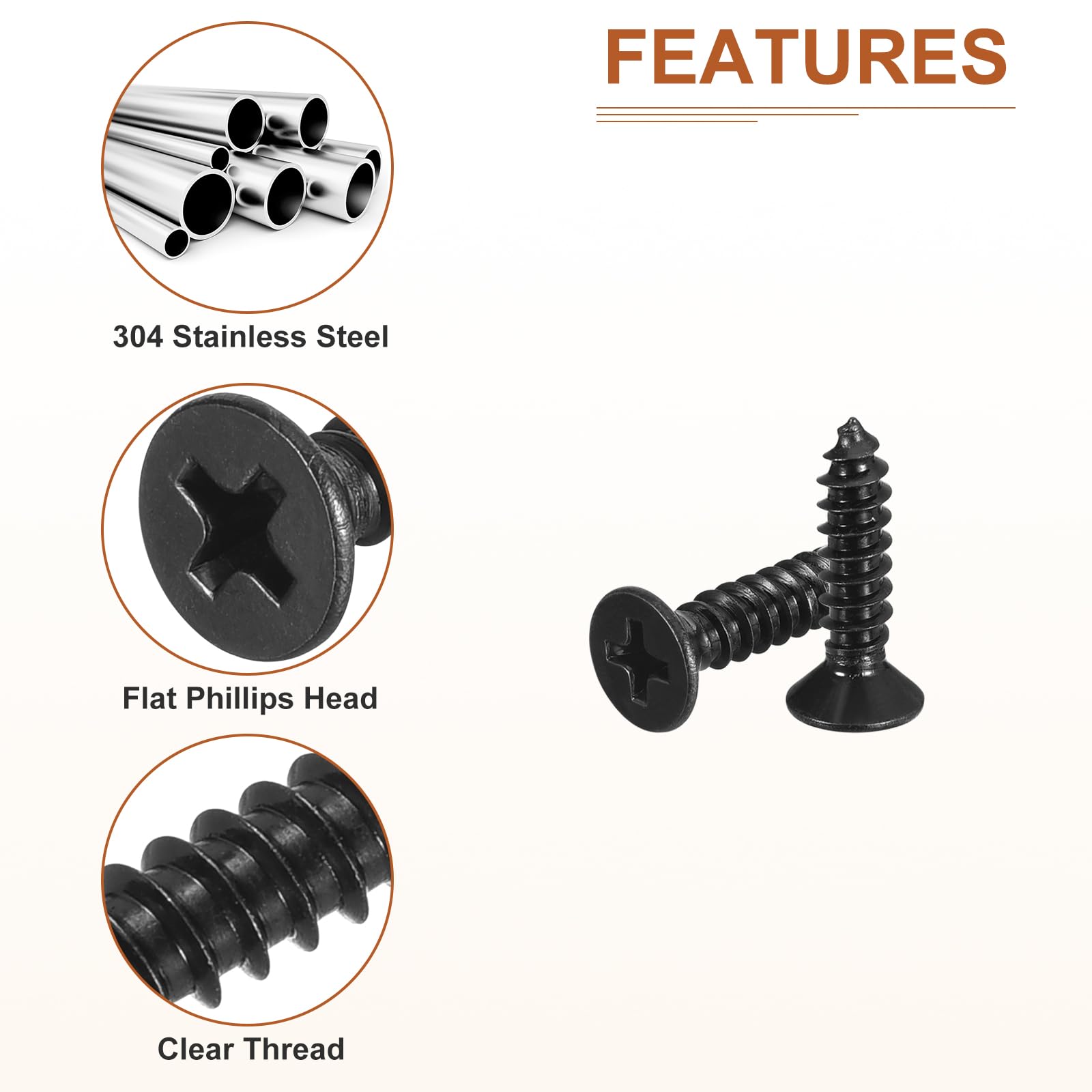 DTGN 100Pcs #10x3/4" Flat Head Wood Screws, 304 Stainless Steel Phillips Self Tapping Screws - Good for Woodworking Furniture - Black - Image 4