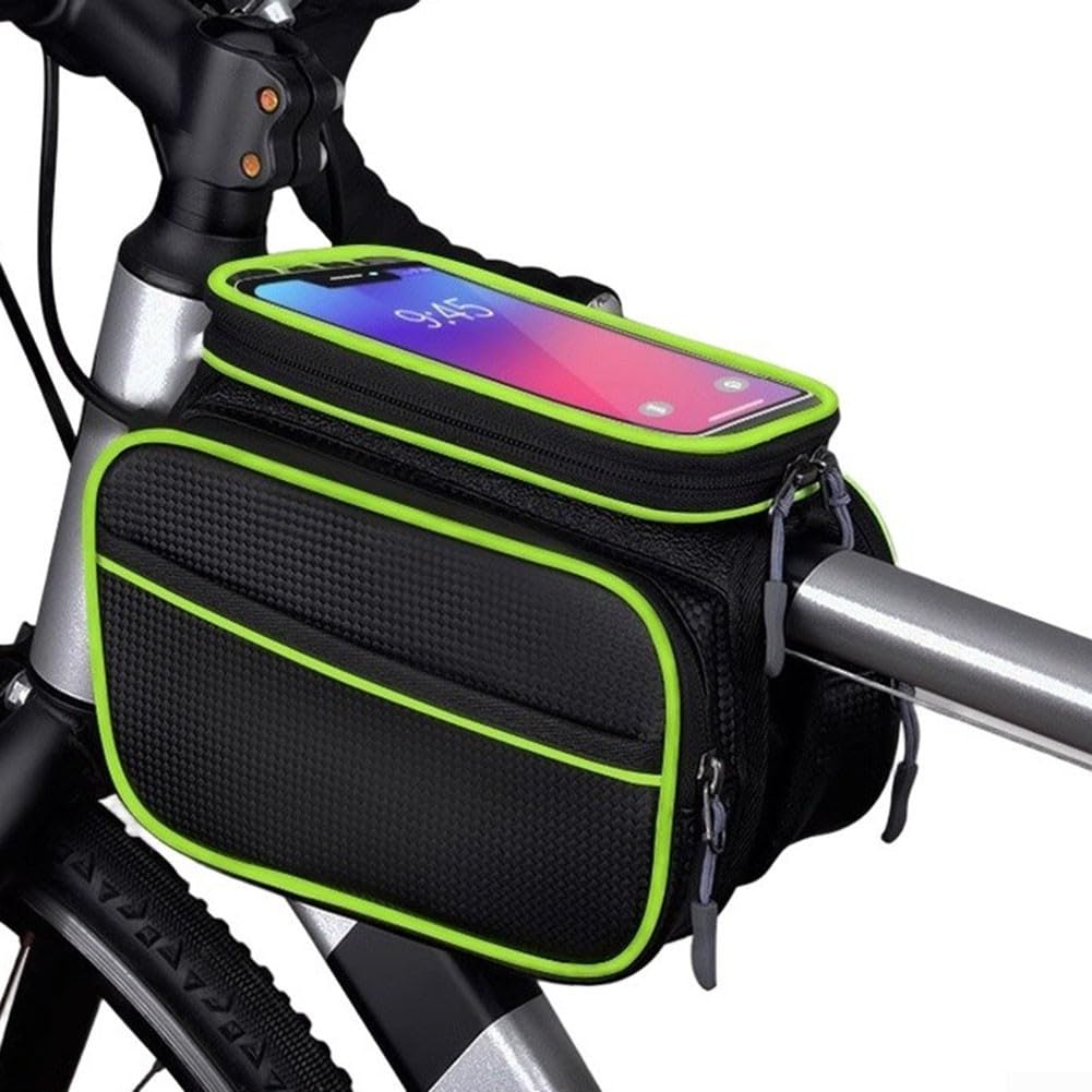 Dolvitrny Bicycle Front Frame Bag Waterproof Phone Holder Cycling Touchscreen Bike Pouch MTB Large Capacity Storage for-Universal Case(black and green 2)