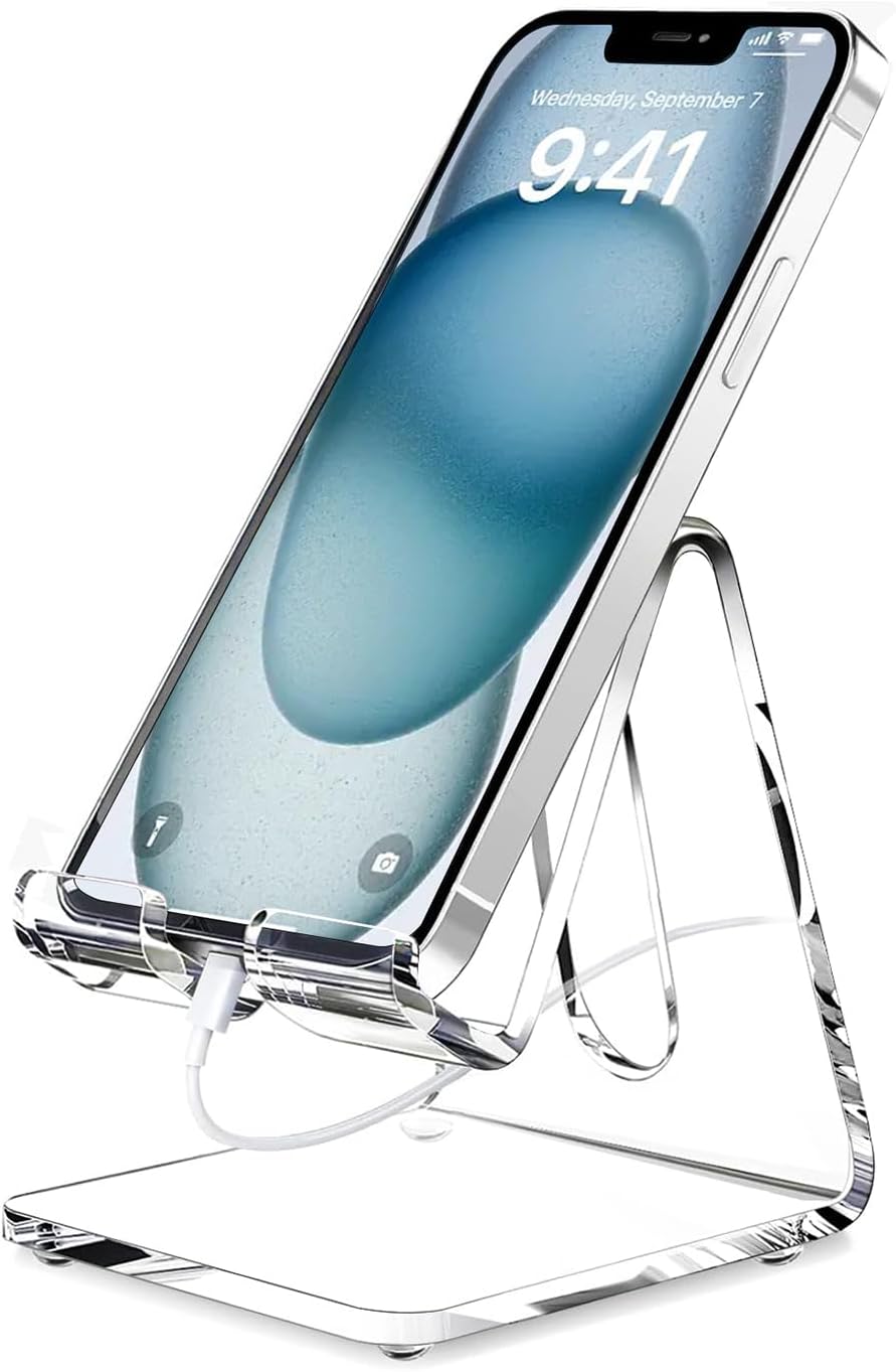 icuanuty Acrylic Cell Phone Stand, Portable Mobile Phone Holder, with Charger Cord Organizer