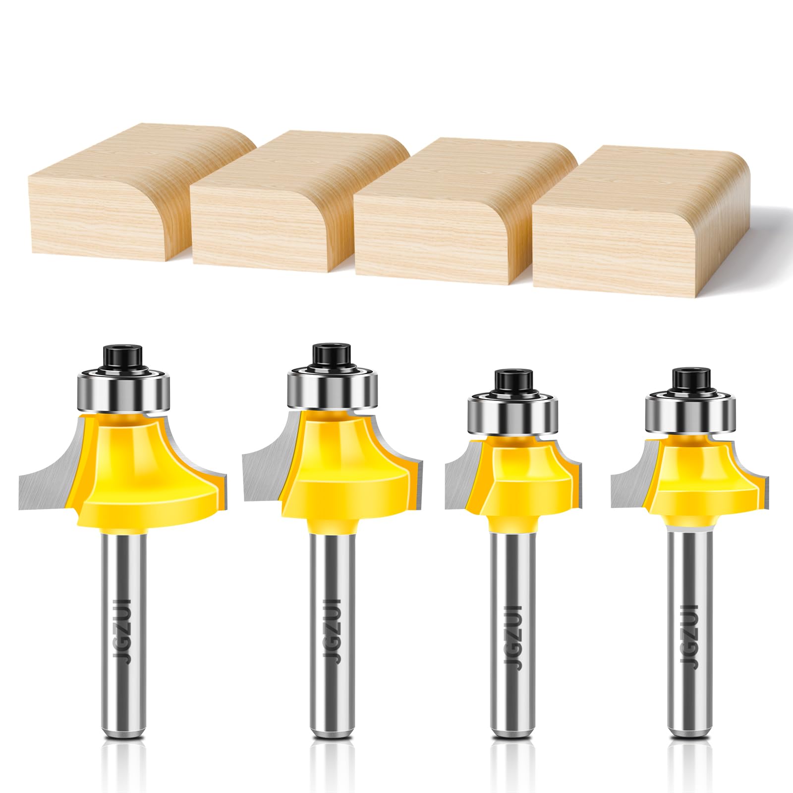 JGZUI Premium Roundover Router Bit Set - 4pcs 1/4" Shank C3 Tungsten Carbide with Bearing Guide, Edge Forming Bits for Soft & Hard Wood Woodworking