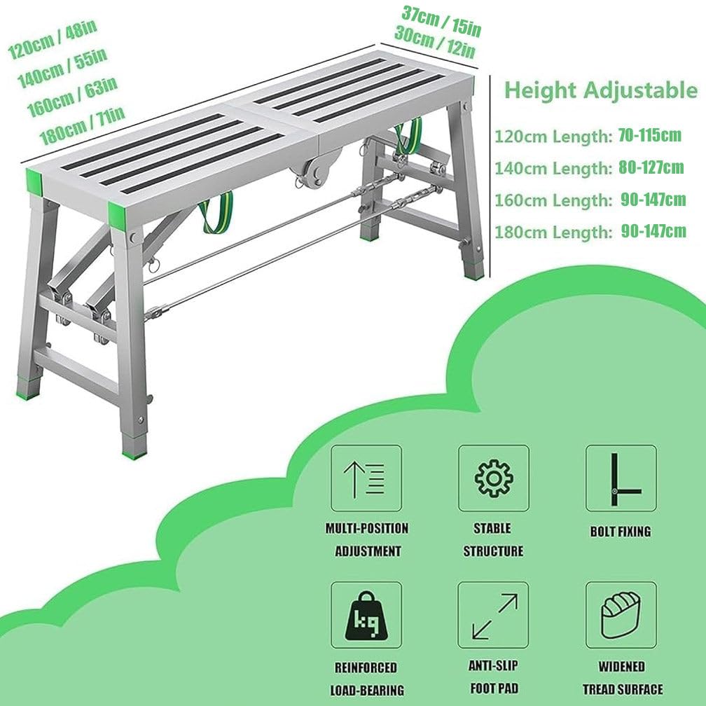 Andamio, Plataforma De Trabajo Plegable, Capacidad De Carga 400 Kg, Plataforma Antideslizante Portátil Plegable, Taburete De Aluminio, Escalera Multiusos,37cm-200cm(90-147cmAdjustableHeight)