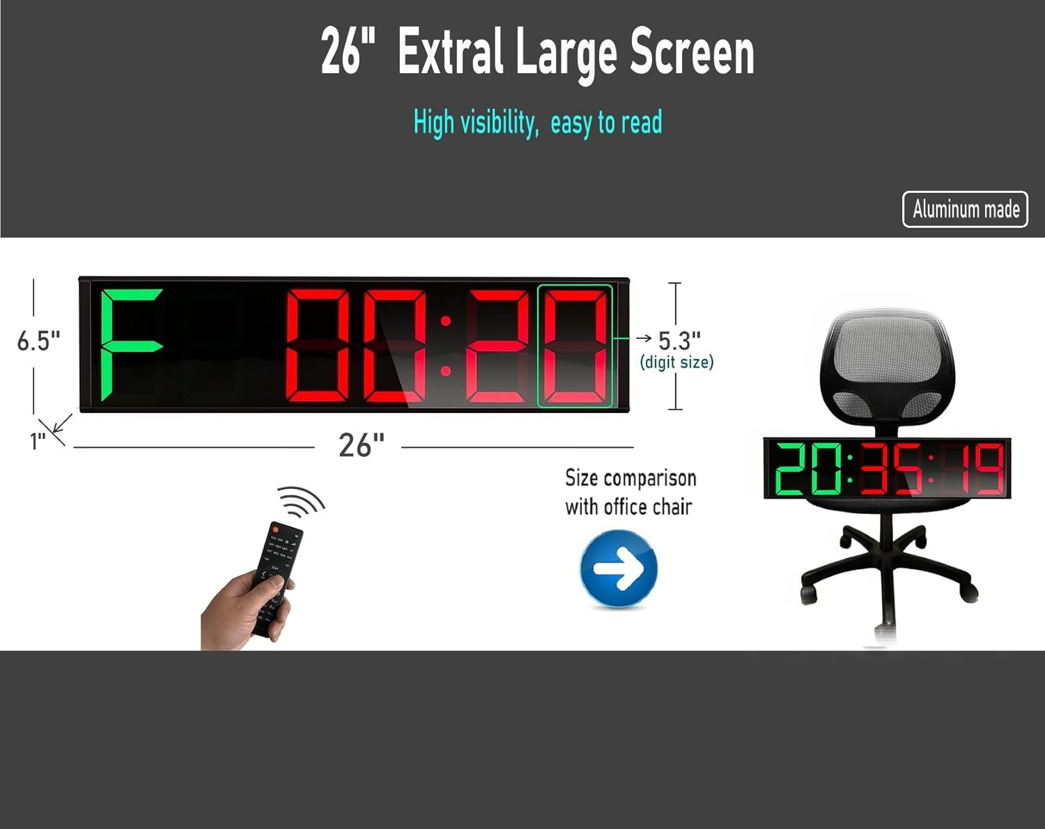 26'' Extra Large Home GYM Timer Clock, Programable Workout Interval Timer, Digital Wall Clock, with 7-color Night Light, 8 Alarm Clock, Calendar/Temperature, Countdown & Stopwatch (Green & Red)