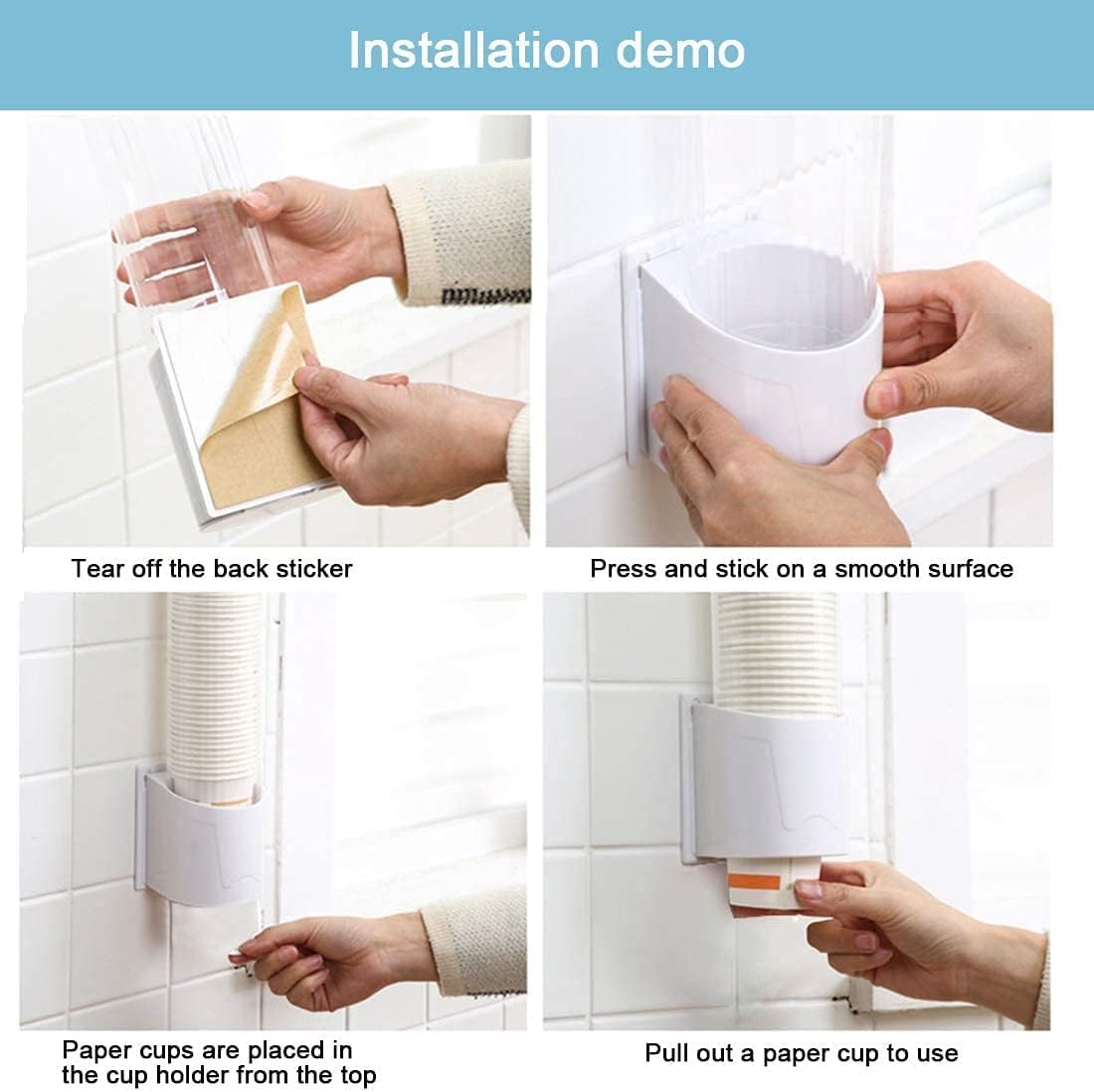 QUIRA Self Adhesive Paper Cup Glass Dispenser Holder, Wall Mounted Plastic Drinking Water Cup Dispenser 2