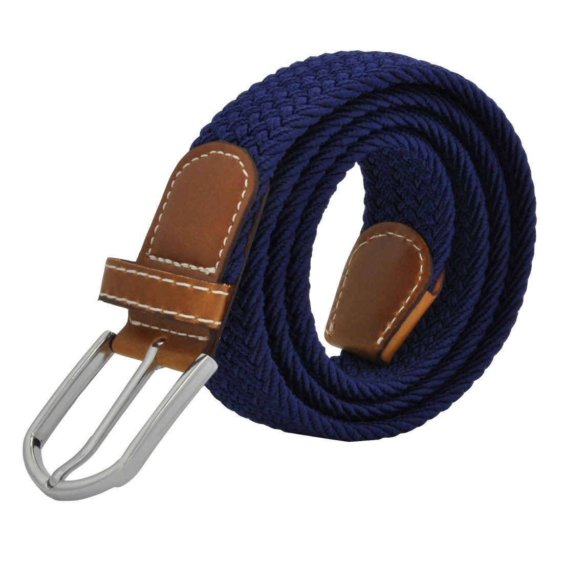 Men Elastic Fabric Woven Stretch Belt Braided Webbed Waistband with Faux Leather (Small fits waist 25 - 32", dark blue)