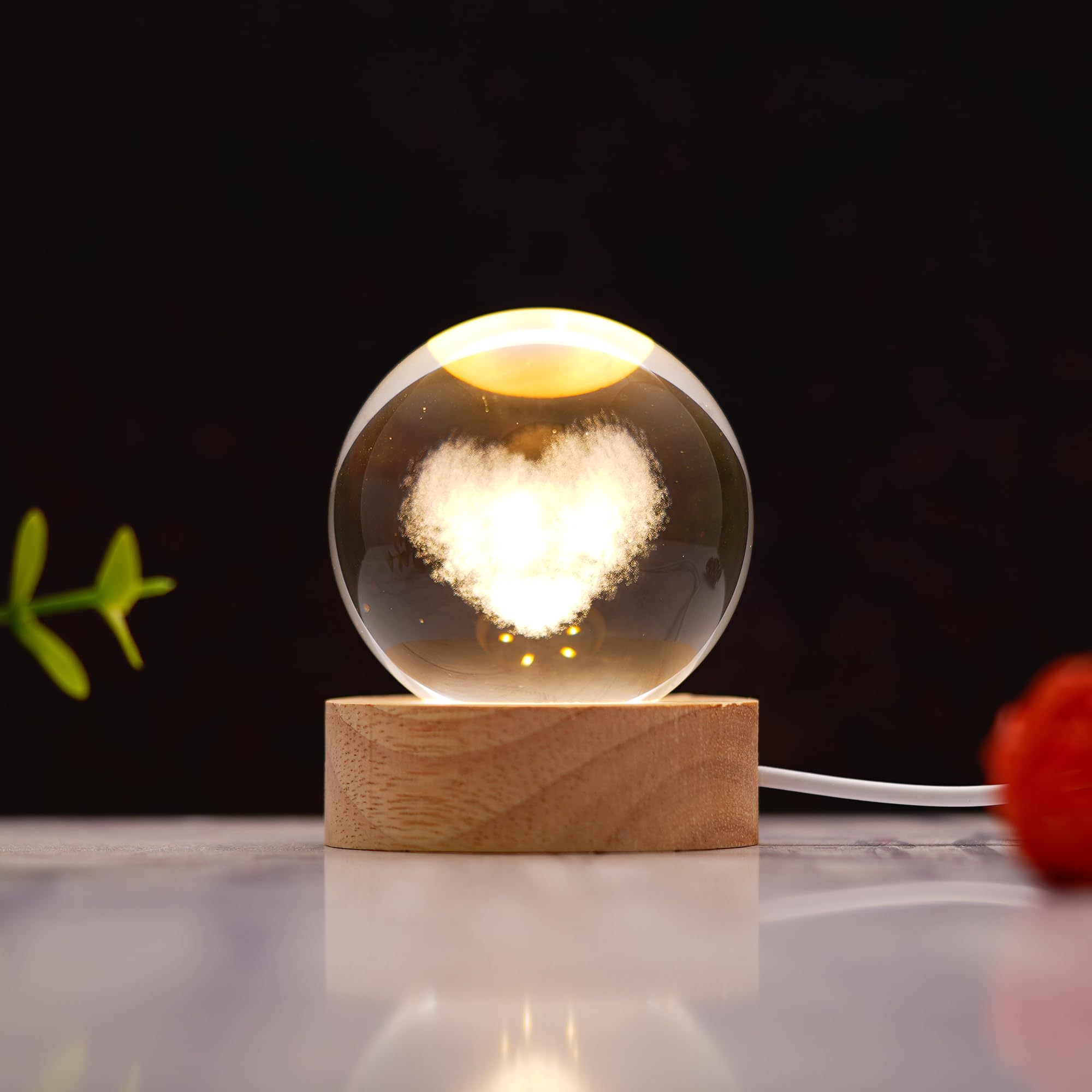 eCraftIndia 3D Love Heart Transparent Crystal Ball Night Lamp with Wooden Base Showpiece | Table Lamp for Home Decor Bedroom Hotel Living Room Romantic Gift for Valentine Day Birthday Anniversary 4