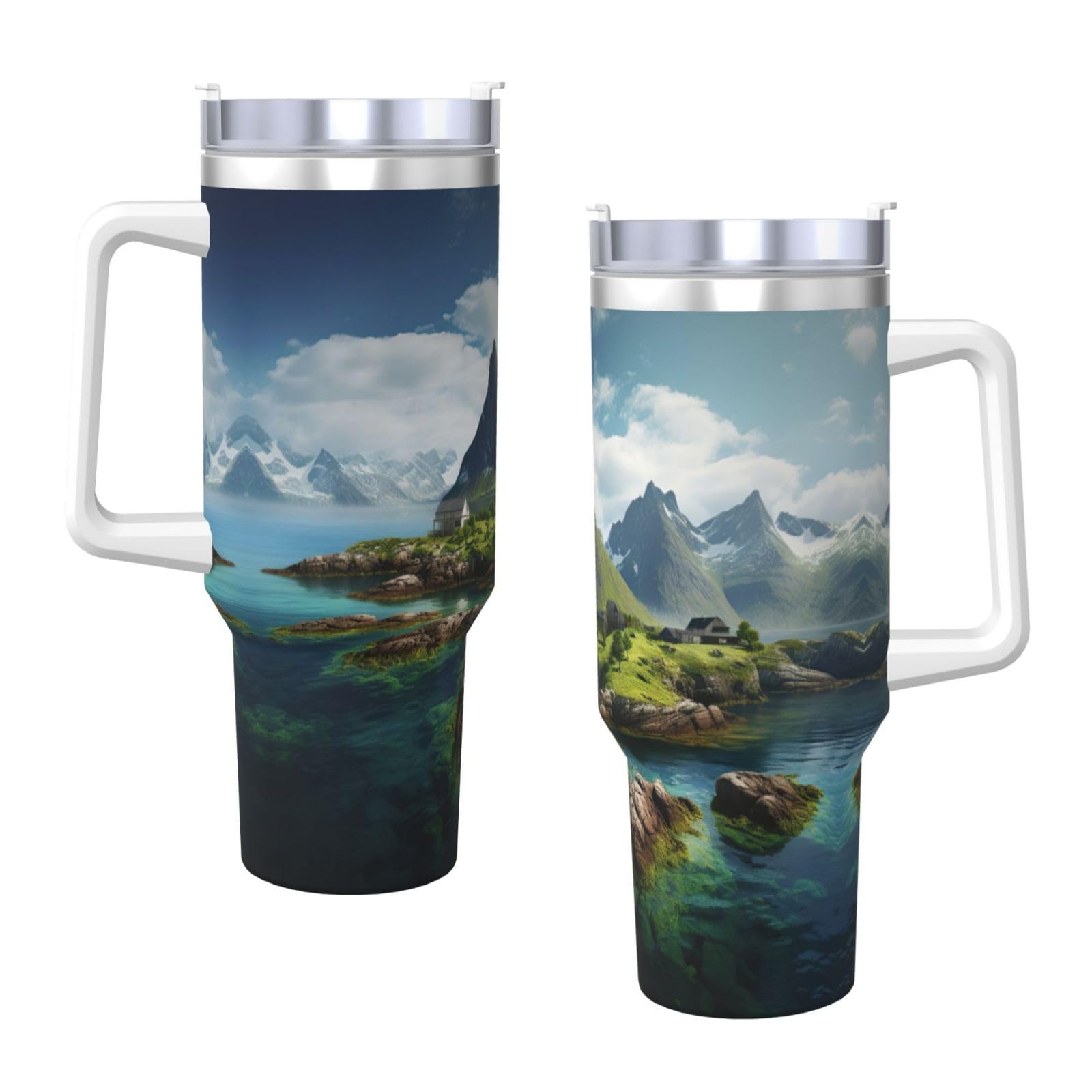 Norway Islands Ice Bully Doppelwandige isolierte Wasserflasche mit Griff und Strohhalm-Deckel, 1,2 l