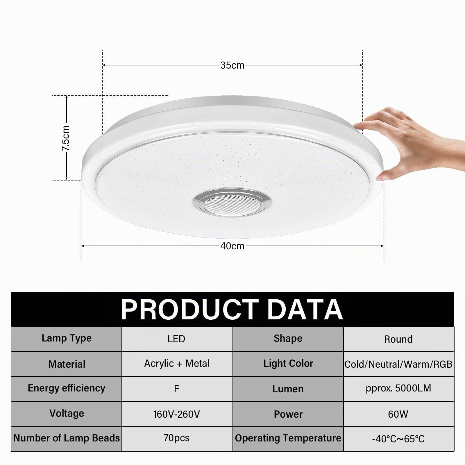 LED Deckenleuchte Dimmbar 60W LED RGB Deckenlampe Ø40CM Badezimmer Lampe Badlampe mit Bluetooth Lautsprecher Fernbedienung und APP-Steuerung für Kinderzimmer Schlafzimmer Wohnzimmer