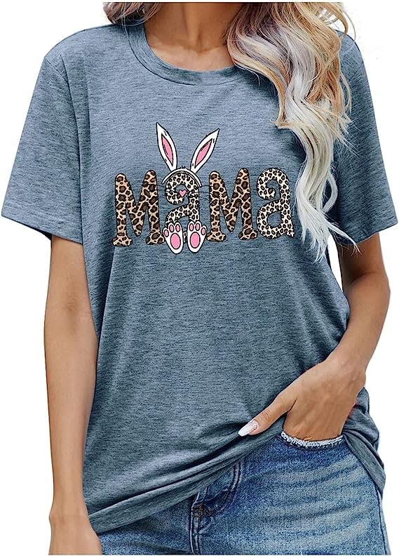 Women's Short Sleeve Tops Shirts Letter Print Tee Mother's Day T-Shirt Solid Color Casual Loose Fitted