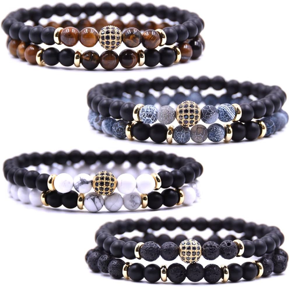HYHONEYMicro Pave Zircon Beads Bracelet for Men Women 6mm Beads Couples Bracelet Handmade Natural Stone Beaded Elastic Adjustable Bracelet