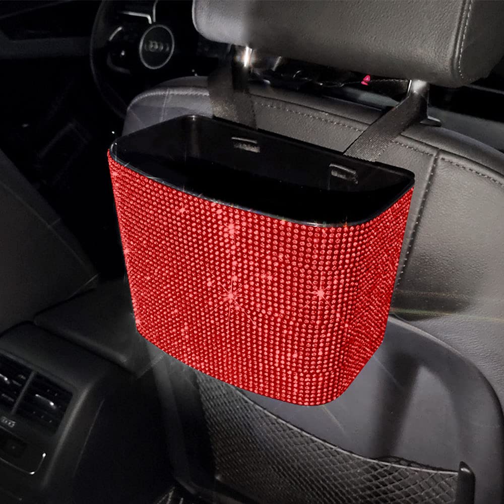 Car Trash Can, Bling Car Garbage Can Container Hanging Wastebasket with Sparkle Rhinestones, Plastic Rhinestones Vehicle Trash Bin (Blue)