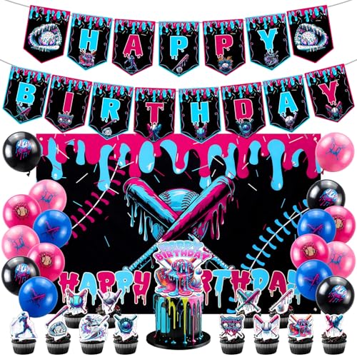 SmoothNovelty 31 Pcs Ice Cream Drip Baseball Birthday Party Decorations Set Baseball Ice Cream Theme Banner Backdrop Balloons Cake Topper Cupcake Topper for Sport Teams Birthday Theme Party Supplies