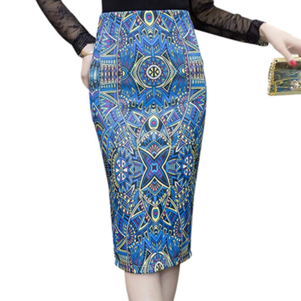 MKP Pencil SkirtWomen Fashion Blue and Yellow Geometric Print High Waist Midi Pencil Skirt