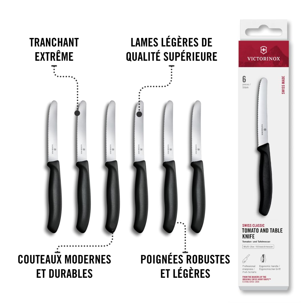 Victorinox Swiss Classic, Couteau à petit déjeuner, Couteau à pain, Lame tranchante, dentelée, 11 cm, Manche plastique, Acier inoxydable, Set 6 Pièces, Noir