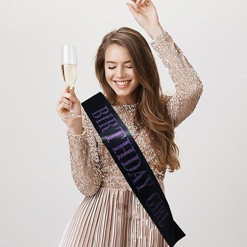 Miniatura 2 de Banda de cumpleaños para mujer, banda de satén negro con purpurina morada, decoraciones de fiesta de princesa de feliz cumpleaños, suministros de
