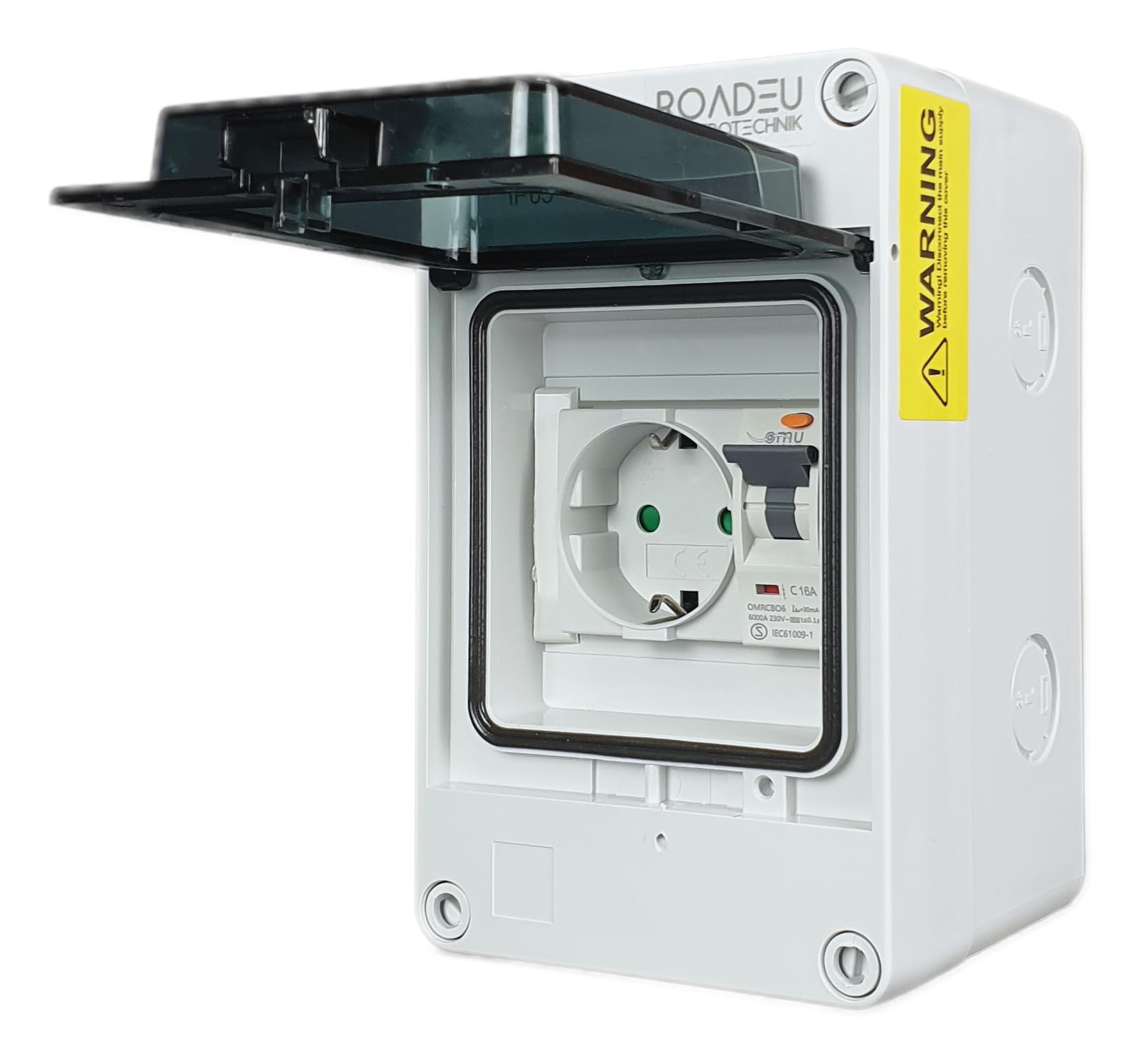 RoadEu | Quadro Elettrico IP65 con Differenziale FI e Magnetotermico C16 | Centralino da Parete Pronto all'Uso con Presa Schuko 230V Integrata | Per Ambienti Umidi, Cantieri e Officine