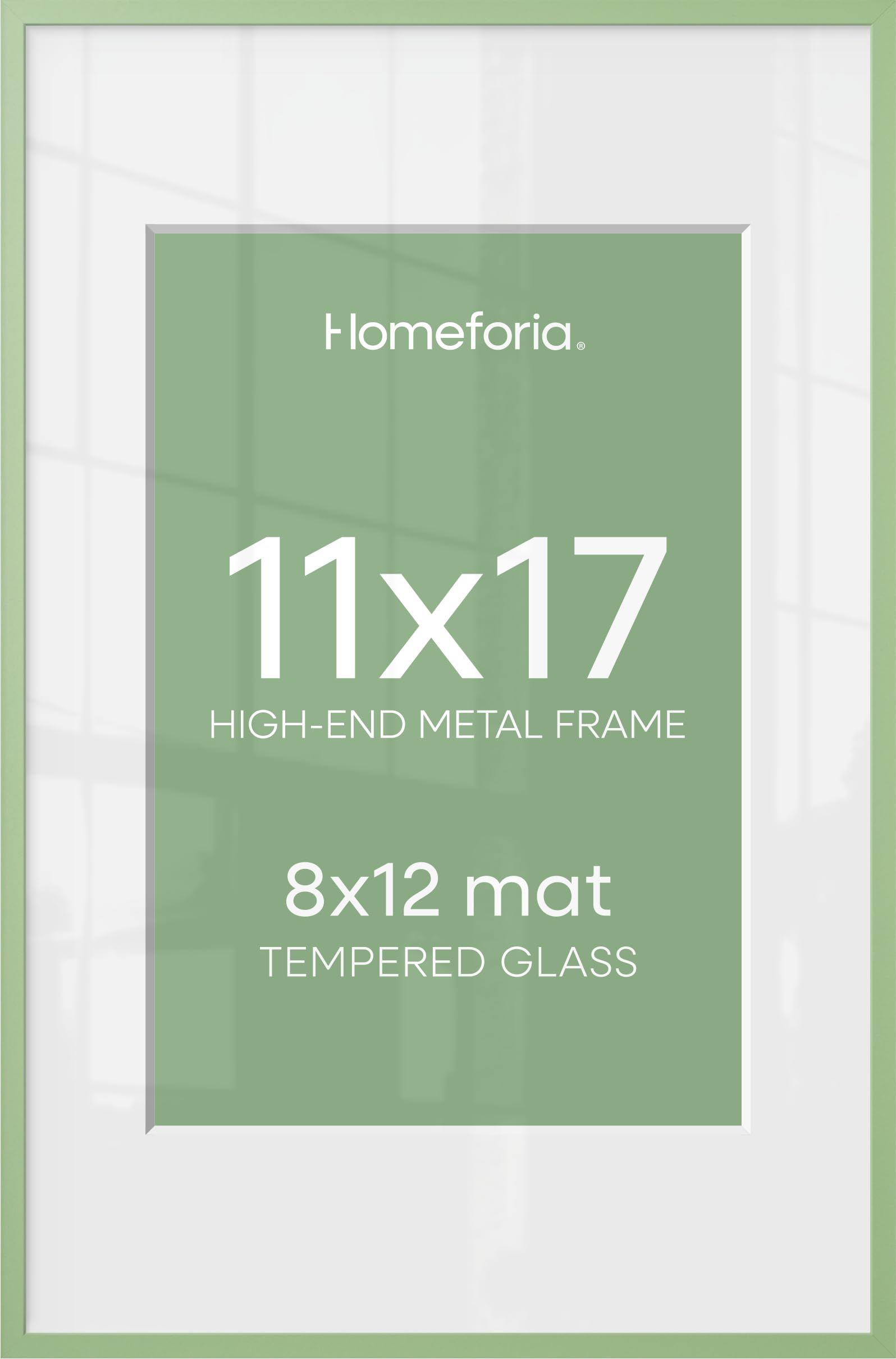Homeforia 11x17 Green Picture Frame, High-End Metal, 8x12 Mat, Glass | High End Aluminum, Tempered Glass, Acid-Free 8x12 Removable Mat, 11x17 in Edge-to-Edge Display 17x11, Wall Kit, Set Of 1