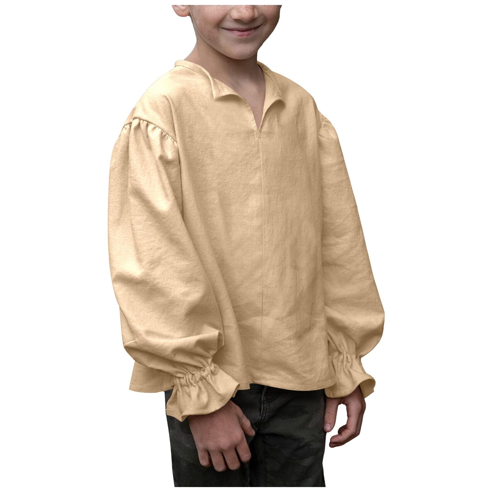 Kids Pirat Shirt Ruffled Long Sleeves Blouse Shirts Medieval Dress Shirts for Boys Vintage Victoriat Costume Shirt Tops Medieval Renaissant Ruffle Pirat Costume (Khaki, 9-10 Years)