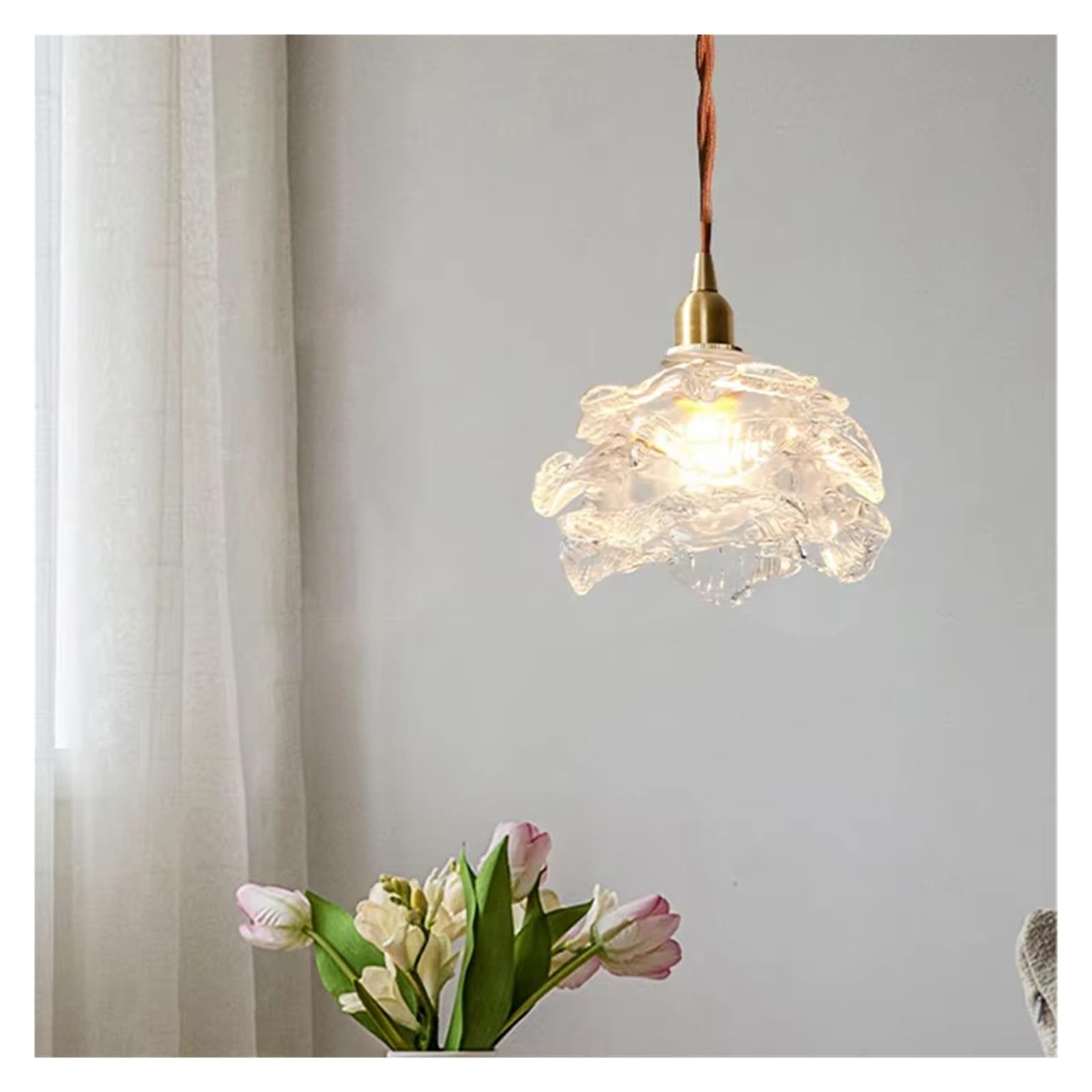 Olskfuh Onecolor Glass Flower Ceiling Chandeliers White Rose Led Light Copper Hanging Lamps Room Decor Bedroom Nightlight Dining Room,-Changeable