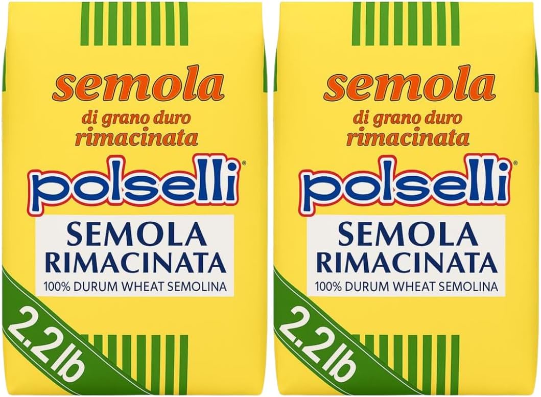 POLSELLI 2 Pack x 1 kg, Semola Flour, Semolina Rimachinata di grano duro, Great for Bread, Pizza, or Pasta making