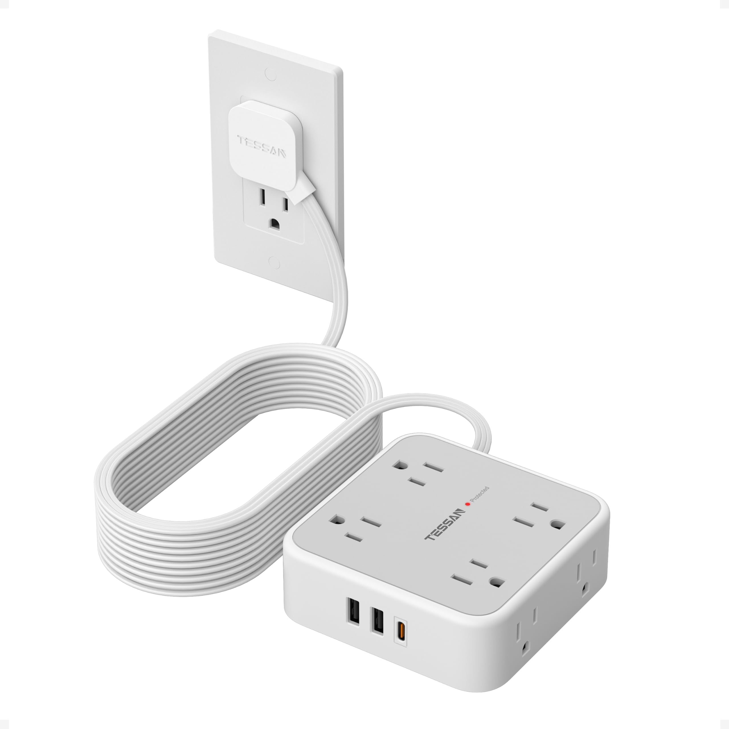 TESSAN Electric Extension Power Strip with Surge Protector, 6 M Flat Extension Socket with 8 AC Outlets and 3 USB (1 USB C), Multiple Connector for Office Dorm, Grey-image-48