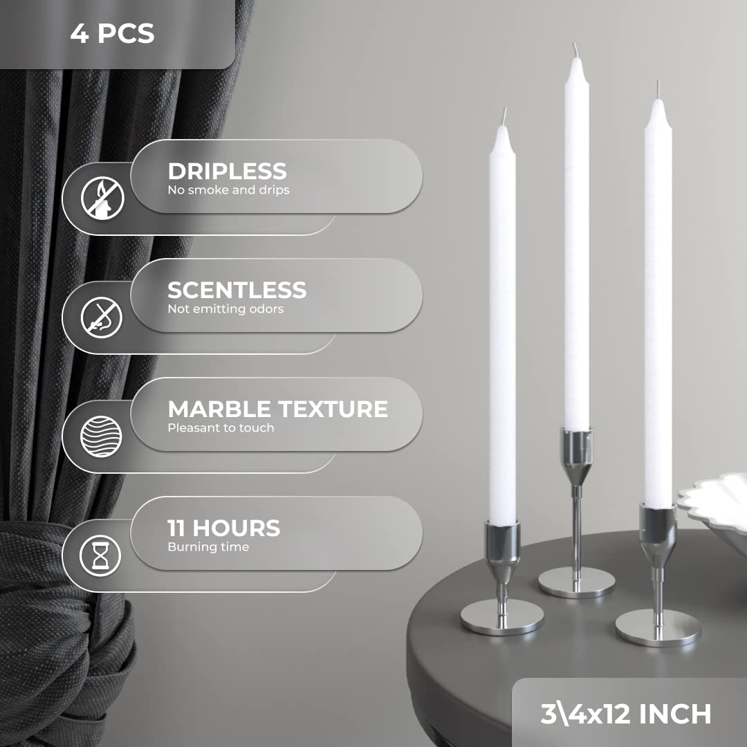 CANDWAX White Taper Candles - Pack of 4, 12 inch, Unscented, Dinner & Table Candles - Slow Burning, Dripless & Smokeless