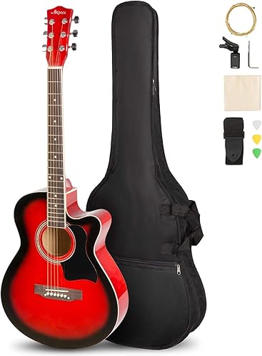 ARTALL Juego de guitarra acústica brillante recortada con accesorios para principiantes, 39 pulgadas, rojoazul