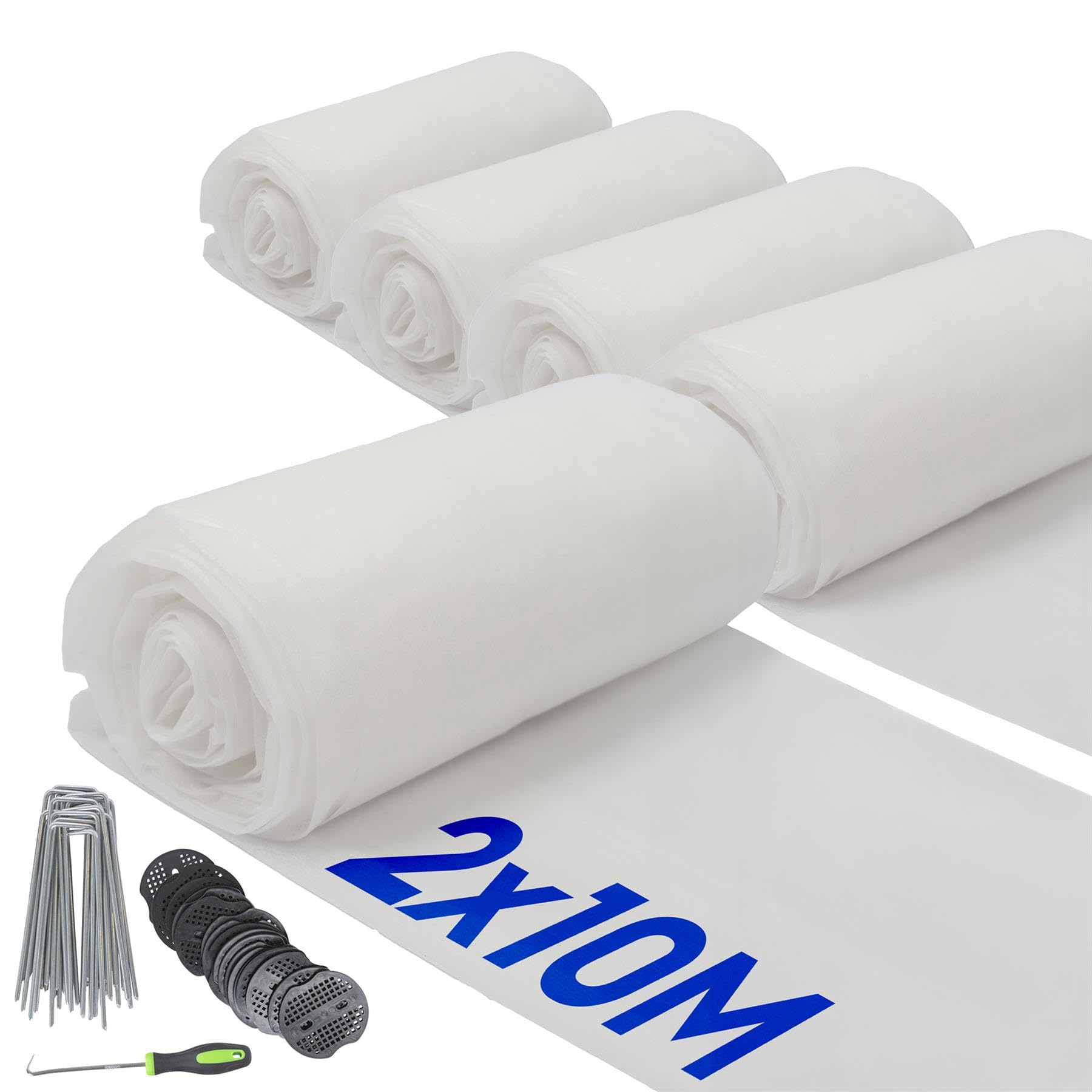 Harbour Housewares 30gsm Plant Fleece Frost Protection Set with Pegs & Plates - 10M x 10M (5 Rolls) - White - Horticultural Winter Wrap Cover Protector Netting for Outdoor Garden Plants, Trees, Grass