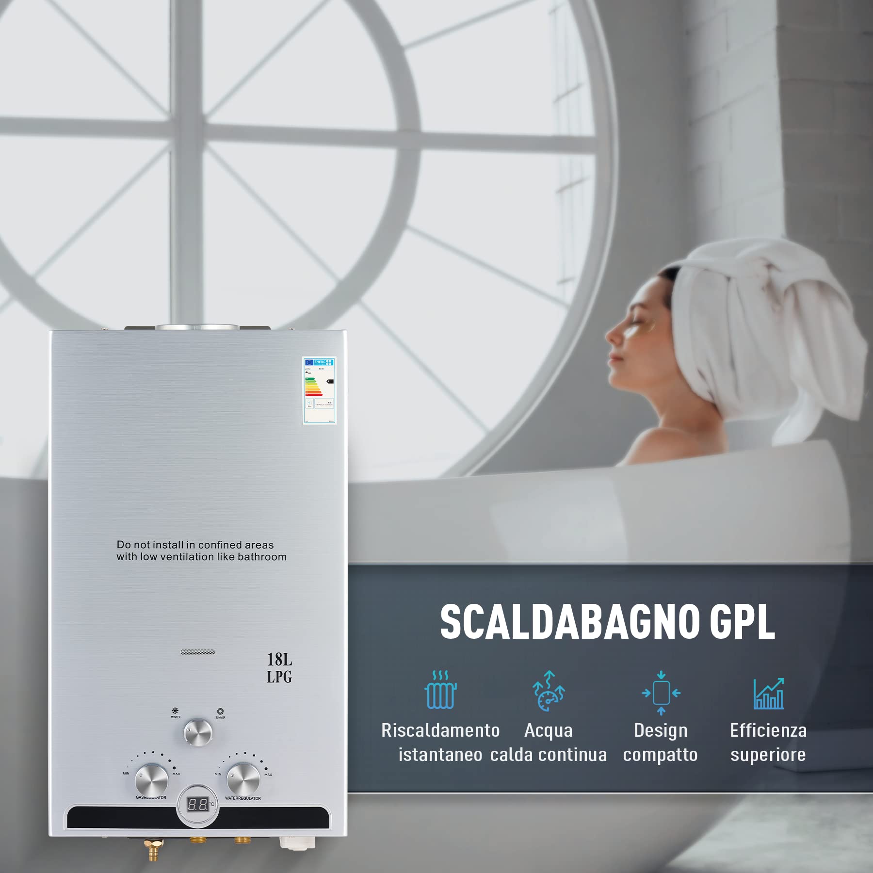 CO-Z Scaldabagno a Gas GPL 18L con Modalità Inverno ed Estate Caldaia a Gas GPL da 30.6 kW a Parete senza Serbatoio Scaldacqua Istantaneo Automatico con Anima in Rame e Display a LED (18L)