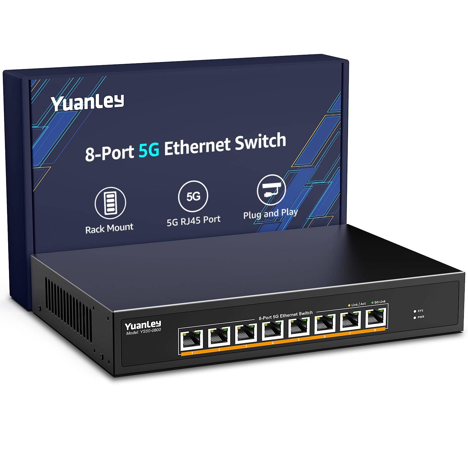 Photo 1 of YuanLey 8-Port 5G Ethernet Switch, 8 x 5Gbps RJ45 Ports, Support 5G/2.5G/1G/100Mbps Speed Auto-Negotiation, 80Gbps Switching Capacity, Unmanaged Switch Rackmountable, Plug and Play