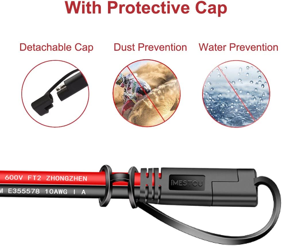 iMESTOU 10AWG SAE Cables 2 Pin Quick Disconnect Plug to O Ring Terminal Harness 1 Feet Extension Charge Cables SAE Connectors for 12V/24V Motorcycle, ATV, Lawn Mower, Truck(2)
