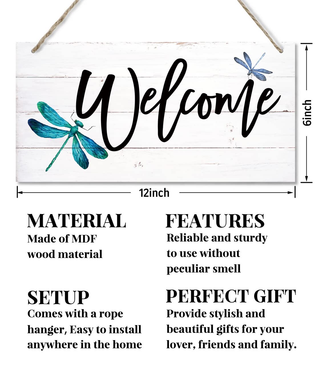 Dragonfly Welcome Hanging Wood Sign - 12x6 Inch Rustic Farmhouse Porch Decor For Front Door & Home