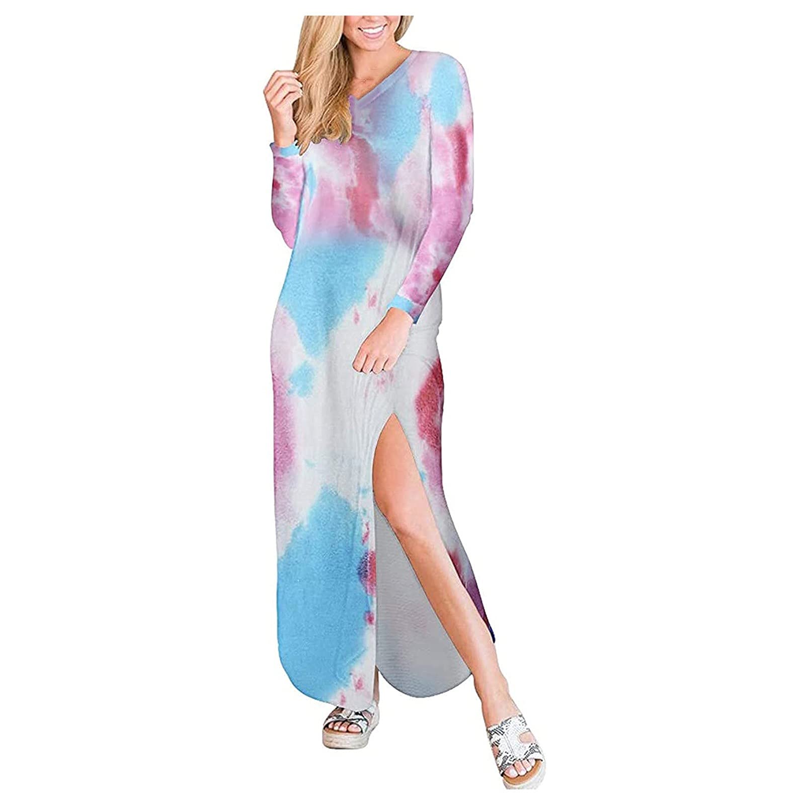Dresses for Women Ladies Dress Dyeing Print Bohemian Slit Pocket Long Sleeve Dresses Loose Long Maxi Dresses Casual Dresses Shirt Dresses for Women UK
