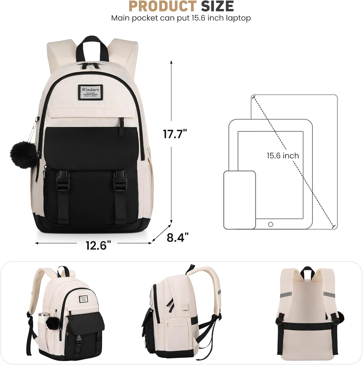  School Backpack for Teen Girls, Cute College Backpacks for Women Students Aesthetic Bookbag Large 15.6 Inch Laptop Bag Middle School Travel Back Pack (Black Beige) thumbnail