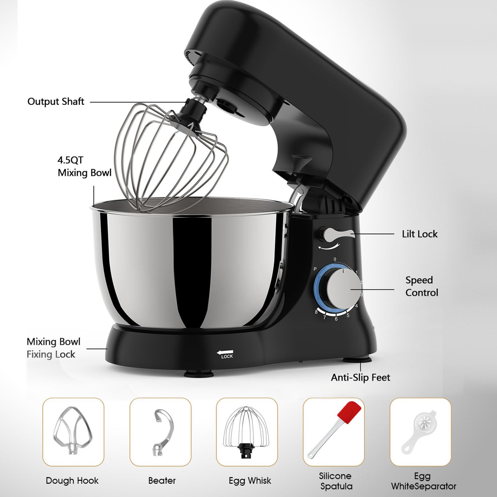 Batidora Eléctrica con Base, 4.5 QT, Gancho para Masa, Accesorios para Batidor Plano, 6 Velocidades con Batidor, para Hornear y la Mayoría de los Cocineros Caseros,110V550W
