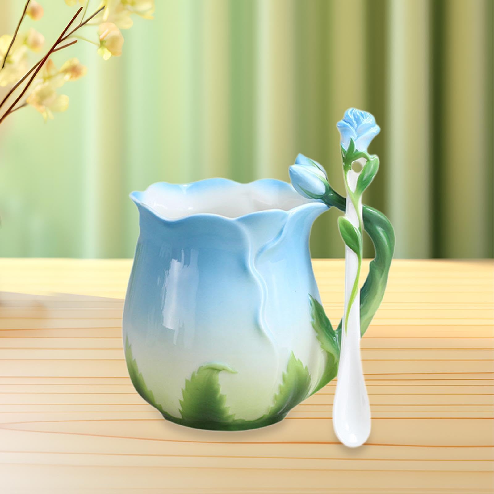 Ceramiczny kubek do kawy z łyżeczką, 10,8 uncji, niebieska porcelana, kubek poranny do latte, soków, gorących napojów, mlecznej herbaty, kubek popołudniowy z motywem kwiatowym(Blue)