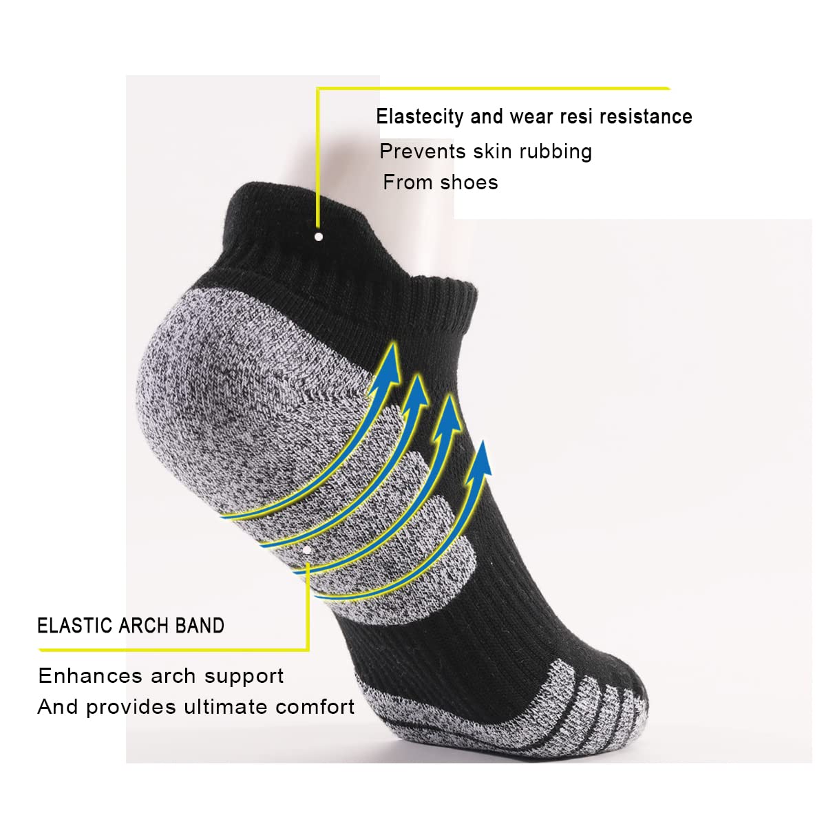 Herrensocken, 12 Paar, Anti-Blasen, gepolstert, atmungsaktiv, Laufsocken, Baumwolle, Sportsocken, niedrig geschnitten, athletische Sportsocken, Schwarz , 3-5