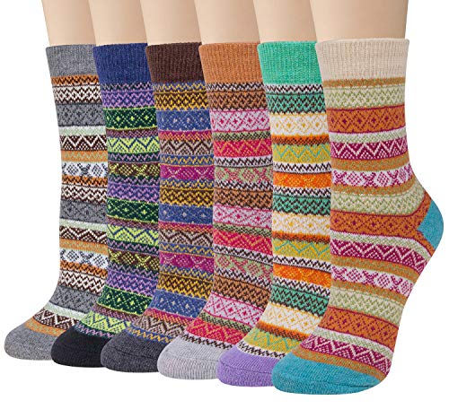Loritta 6 Pairs Womens Wool Socks Winter Warm Vintage Style Thick Knitting Cozy Socks Gifts,Multicolor A03