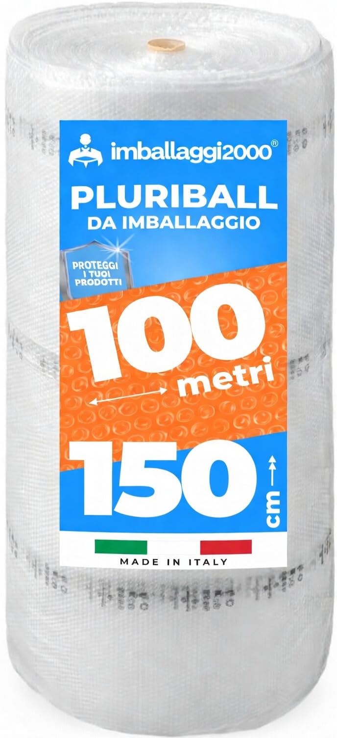 IMBALLAGGI 2000 - Pluriball Imballaggio, 1Pz 1,5x100M 55gr/mq Ideale per Spedizione Trasloco e Trasporto, Plastica per Imballaggio con Bolle Valida come Imballaggio per Spedizioni e Protezione Oggetti