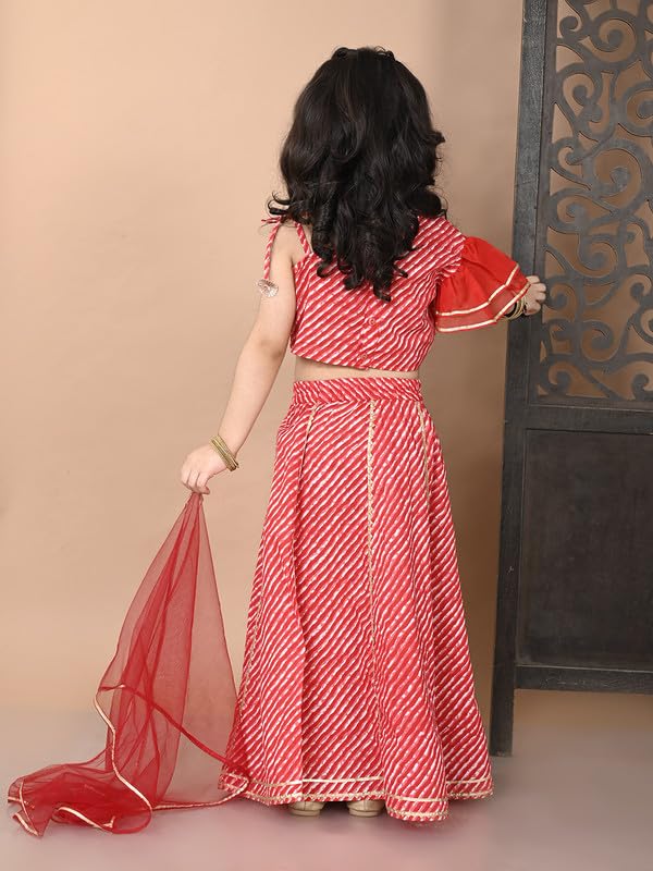 Image of superminis Girl's Cotton One Shoulder Lehariya Printed Readymade Lehenga Choli And Net Dupatta Set