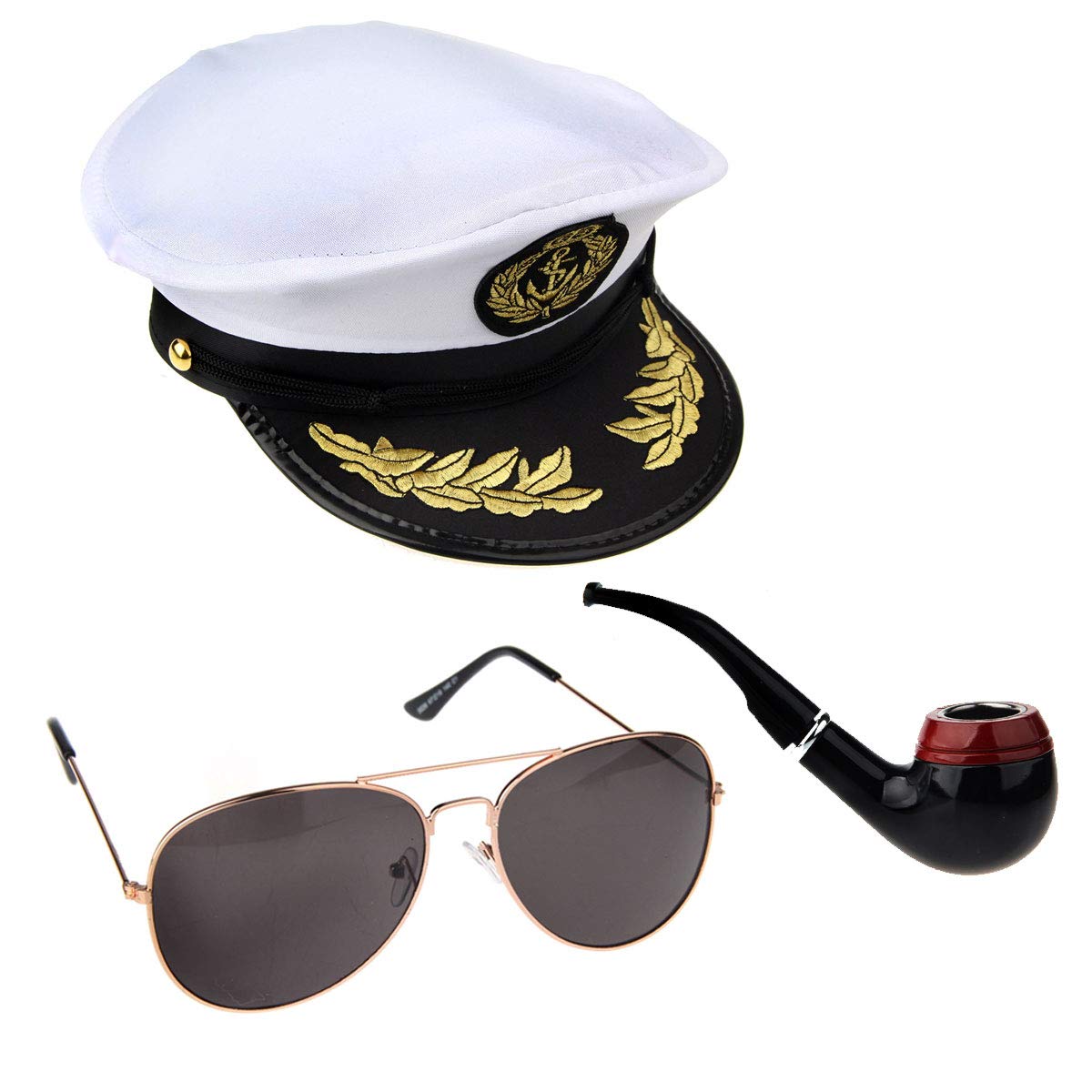 Yacht Captain Costume Set Sailor Hat Tobacco Pipe Aviator Sunglasses