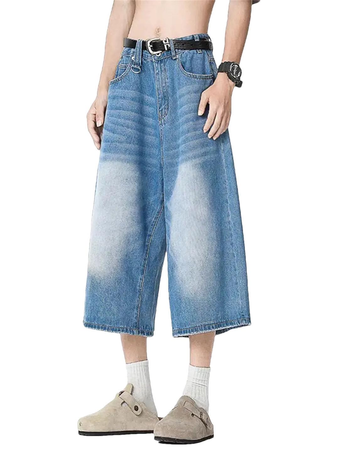 Damskie spodenki na co dzień Harajuku Vintage Zamek Luźne Szerokie Nogawki Punk Baggy Mid Long Denim Szorty, Jasnoniebieski, XXL