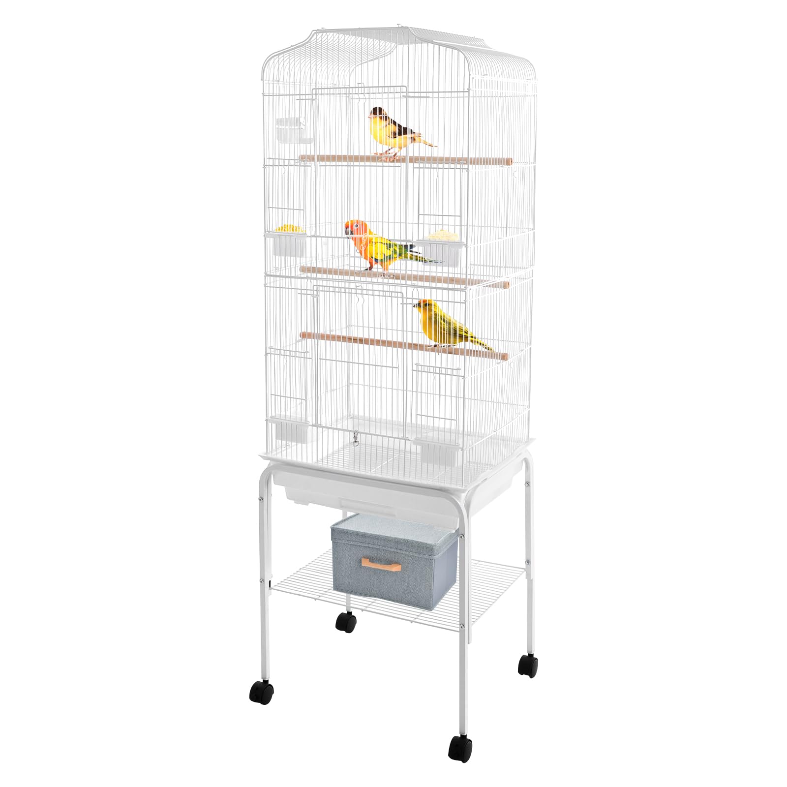 Jaula grande para loros y periquitos, estable de metal con 4 ruedas universales, bandeja inferior extraíble, compartimento de almacenamiento, para balcones, salón y cría de aves