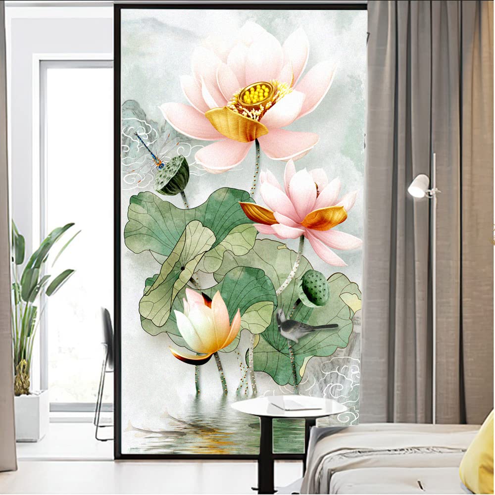Película para Ventanas Película de Ventana, Pegatina de Vidrio Esmerilado de privacidad, Pegatina Adhesiva de decoración de Loto for el hogar Película de privacidad para Ventanas(90x120cm)