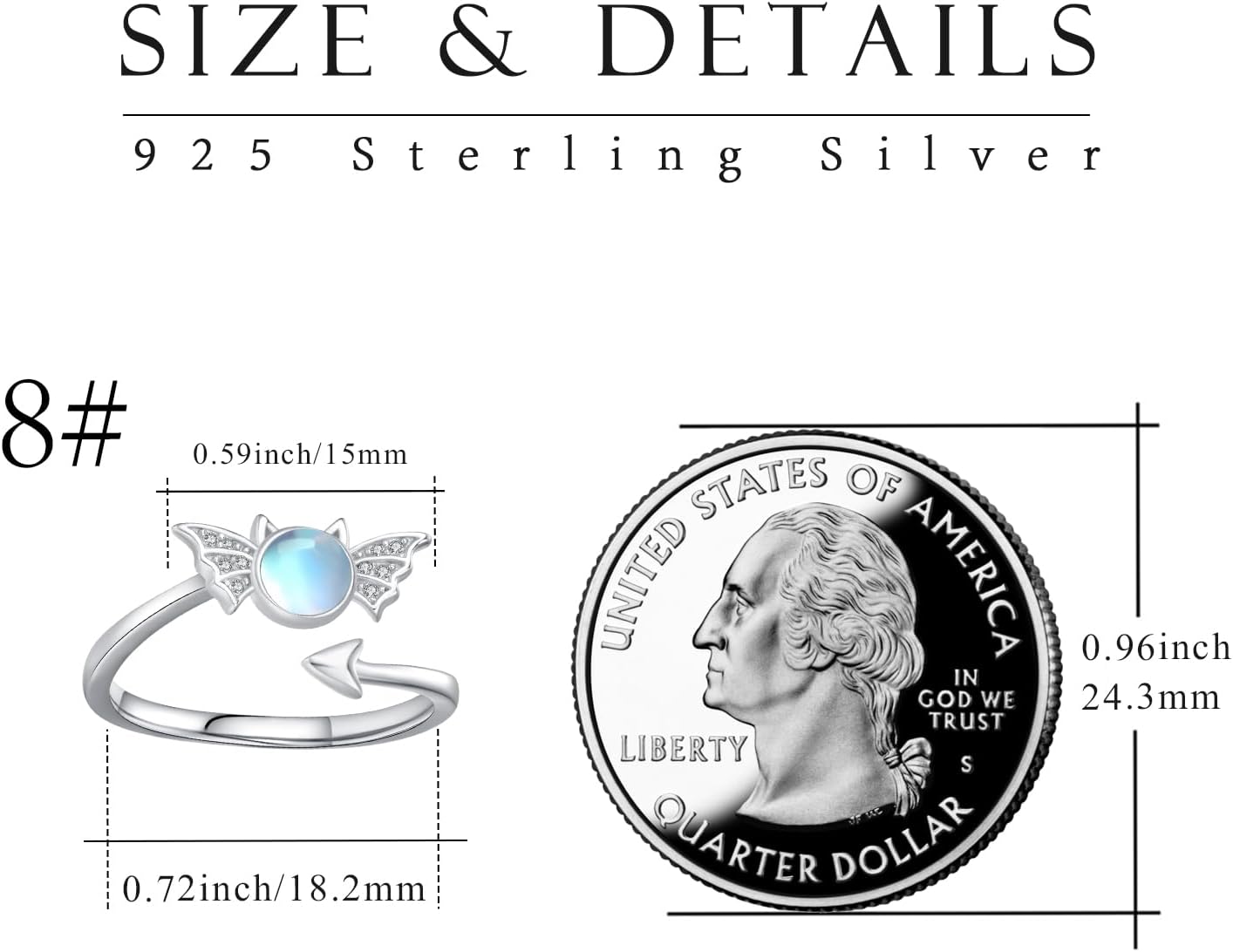 Moonstone Ring 925 Sterling Silver Angel Devil Ring Cute Adjustable Ring Jewelry Gift for Women - Image 2