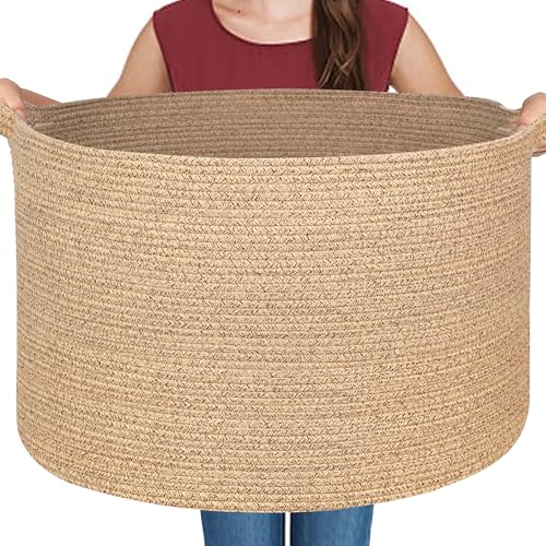 Image of MEGASKET Large Wicker Storage Basket, 22 inch X 22 inch X 14 inch Woven Cotton Rope Basket, Kids Dog Toy Bin Organizer, Blanket Pillow Holder for Living Room, Brown Variegated Wicker Baskets for Organizing