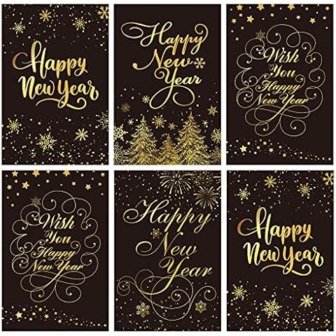AnyDesign 24 Pack Happy New Year Greeting Cards 2023 Black Foil Gold New Year Holiday Cards with Envelopes and Stickers New Year Blank Note Cards for Family Party Favor Gift Supplies, 4 x 6 Inch Cover
