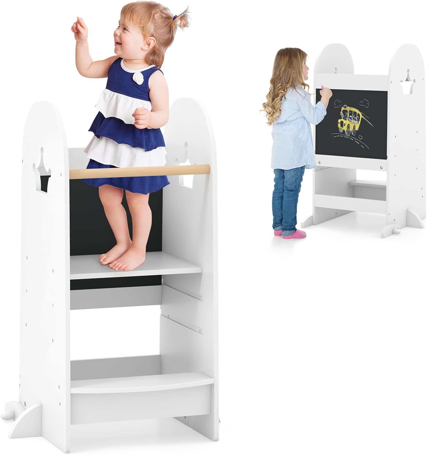 Costzon Toddler Tower, Adjustable Kids Kitchen Step Stool with Double-Sided Chalkboard, Safety Guardrail, Toddler Kitchen Stool Helper for Counter, Bathroom Sink (White)