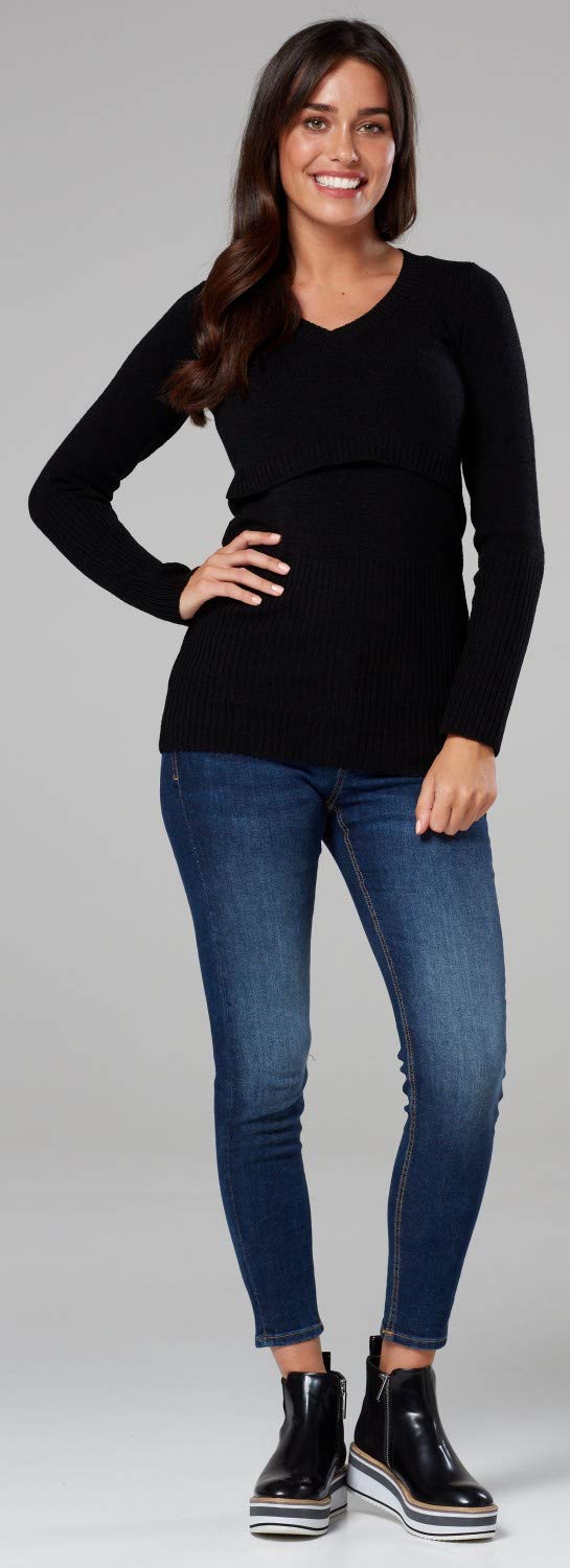 Happy Mama.Premaman L'Allattamento al Seno Maglione Manica Lunga V Collo.454p (Nero, IT 44/46, L/XL)
