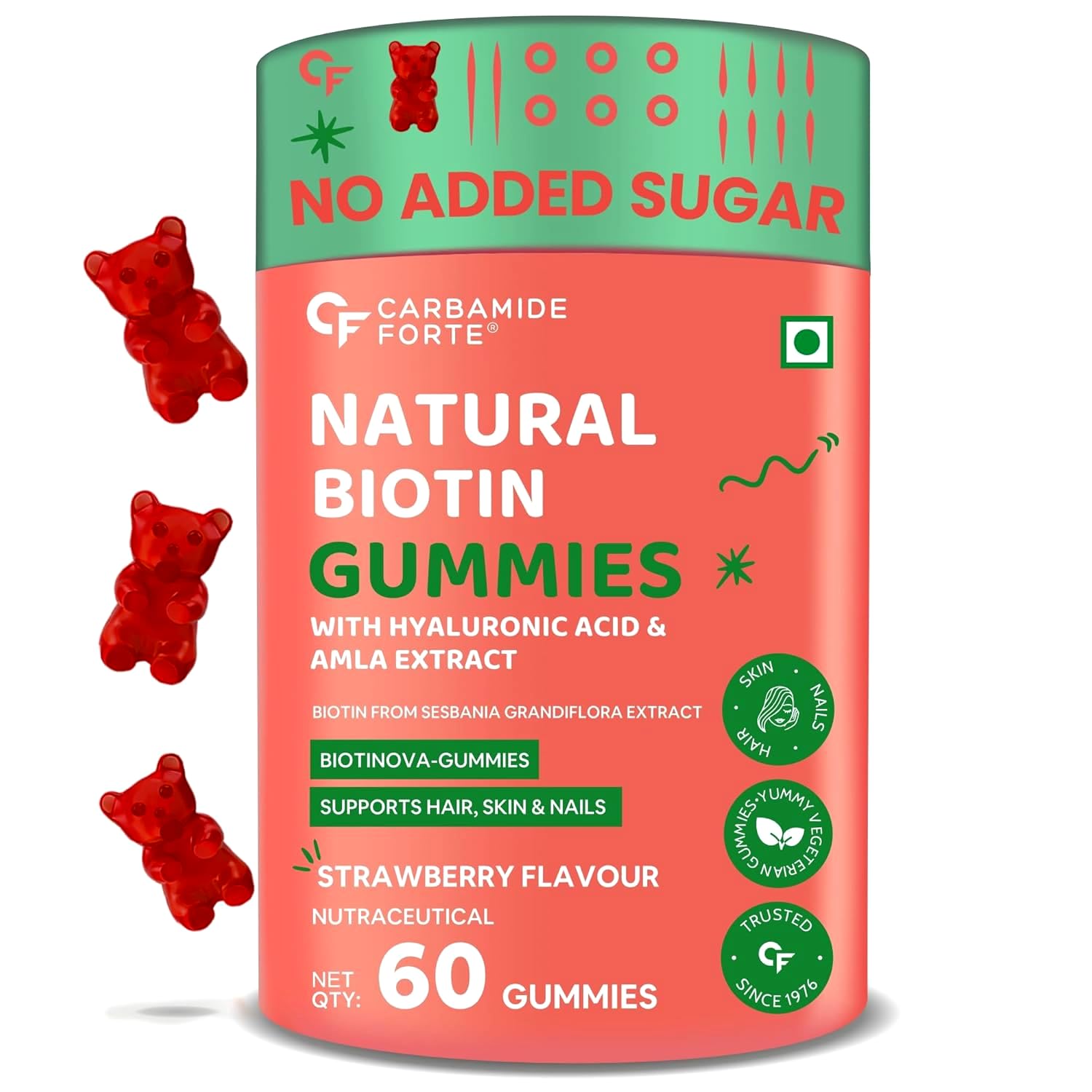 Carbamide Forte Biotin Hair Gummies for Hair Growth | Biotin Gummies for Women & Men | Hair Supplements for Women & Men | Hair Vitamins | Gummies for Hair Growth - 60 Veg Strawberry - Flavored Gummies